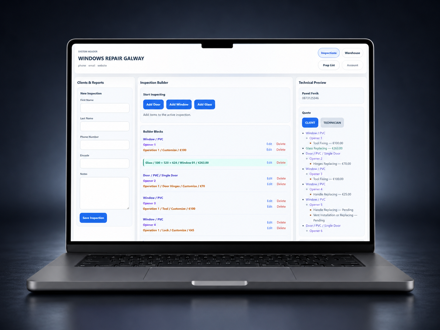 FENIPAX desktop workflow mockup showing inspection builder, client data and technical view