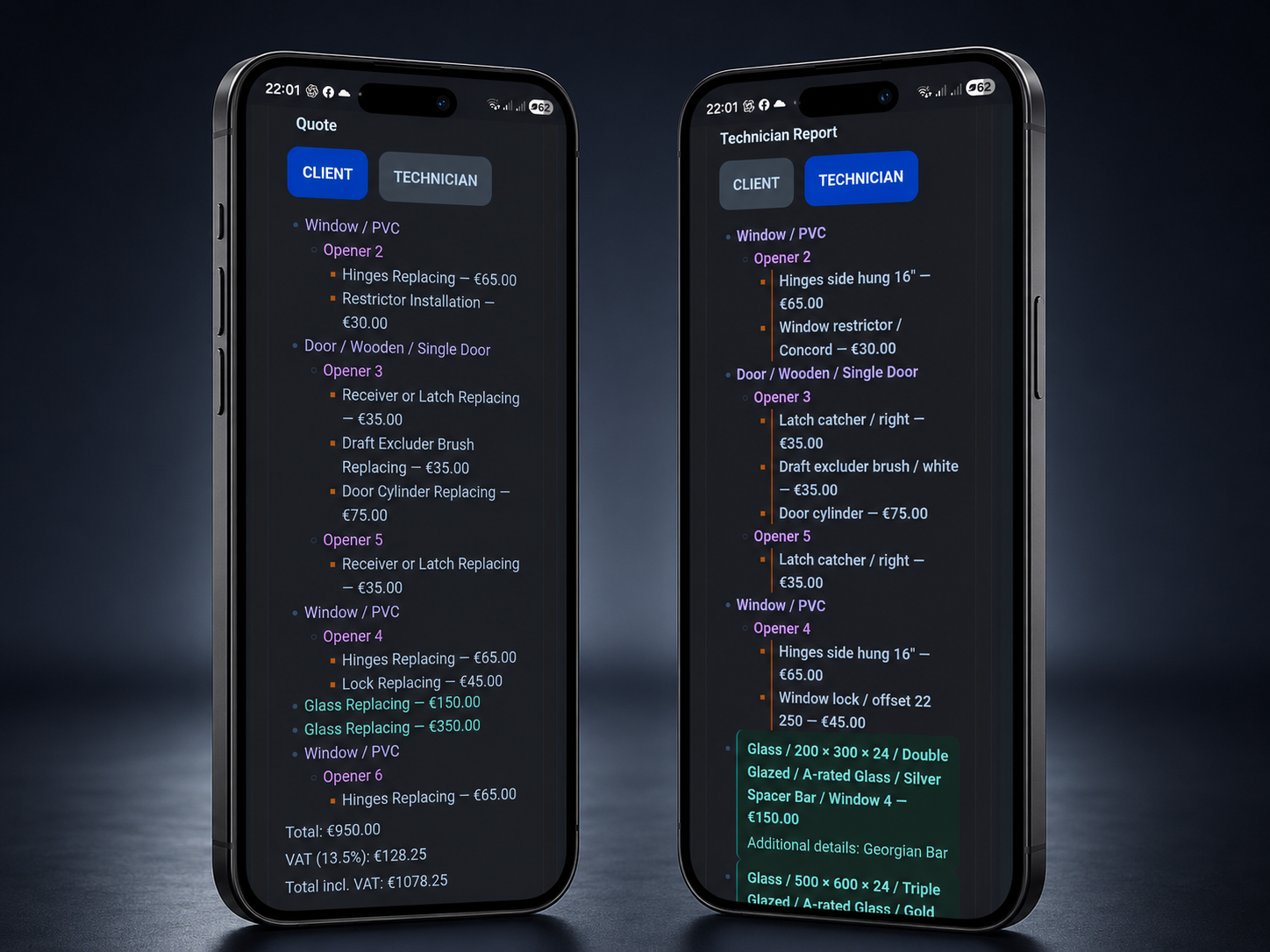 FENIPAX mobile quote and technician report mockup showing client and technician views